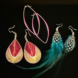 Lot of 3 Colorful Feather and Thread hoops Earrings Set